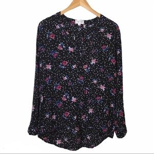 Bailey & Chloe Womens Top Sz M Roll‎ Tab Sleeve Hi Lo Black Floral Boho V Neck